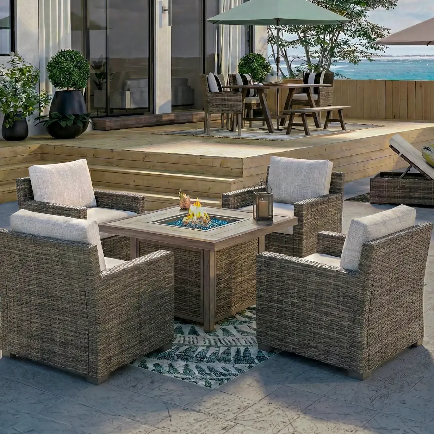 Hot Cabo 5pc Fire Chat: Firepit+4 Lounge Chairs Outdoor Seating|Outdoor Furniture Sets