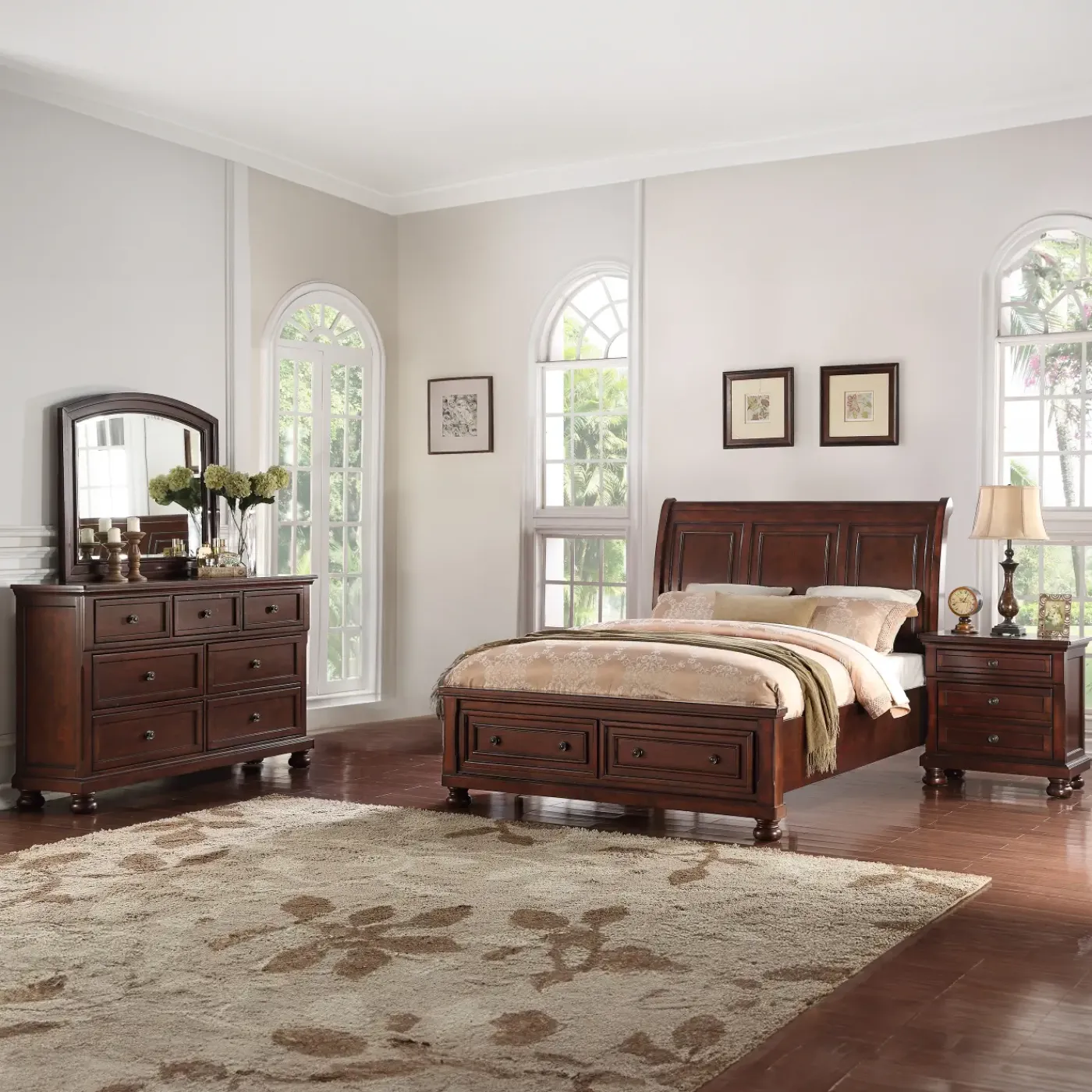 New Cortland California King Sleigh Storage Bed, Dresser, Mirror, Nightstand Bedroom Sets