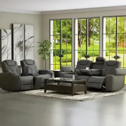 Clearance Jet Charcoal Leather Motion Sofa & Loveseat Set Living Room Sets|Reclining Furniture