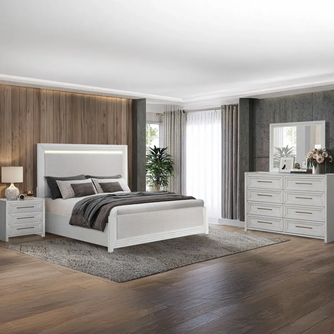 Clearance Laurel Eastern King Panel Bed, Dresser, Mirror & Nightstand Bedroom Sets