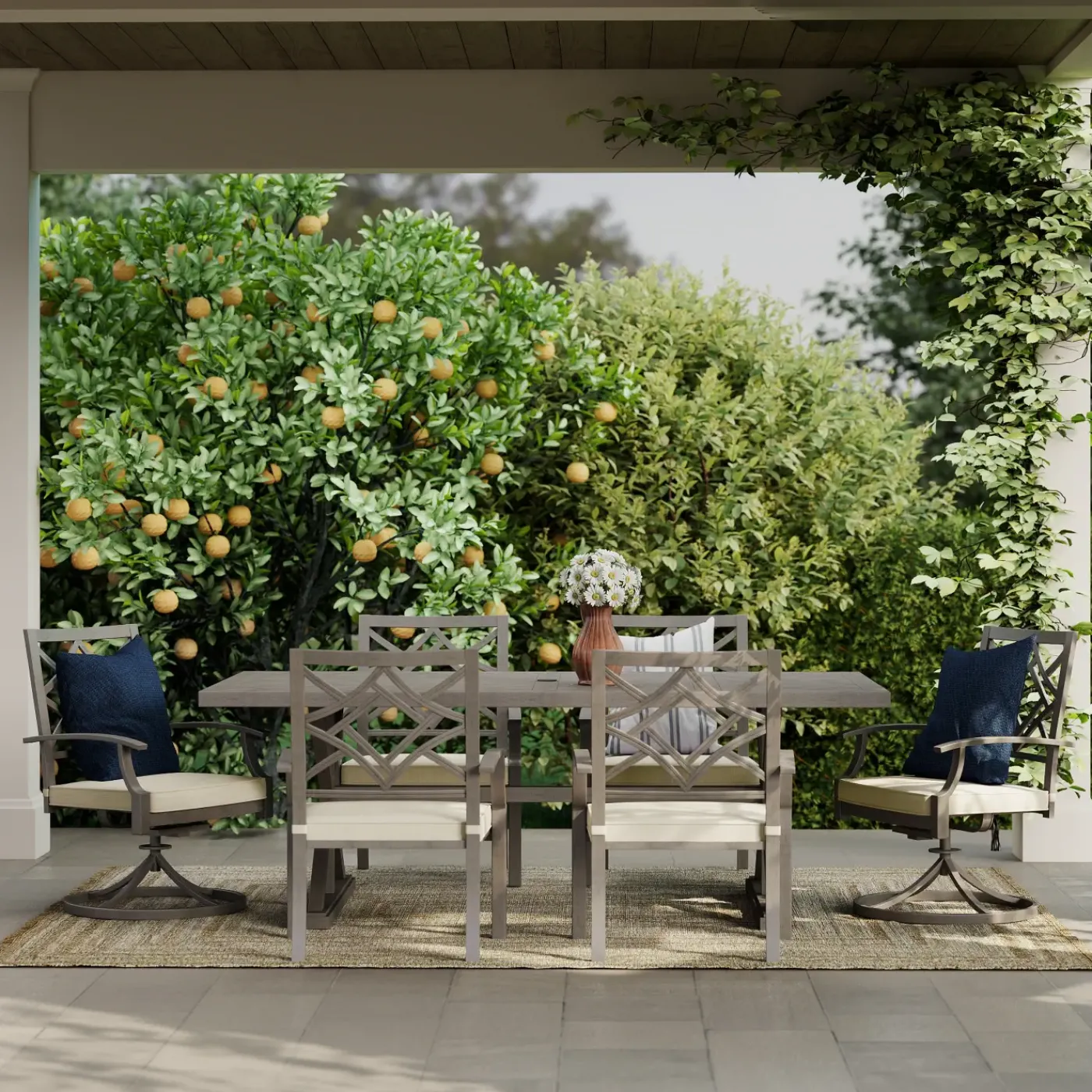 Discount Saint Lucia Outdoor Dining Set-New! 7pc Dining Set: Table, 4 Armchairs & 2 Swivel Armchairs Outdoor Dining|Outdoor Furniture Sets