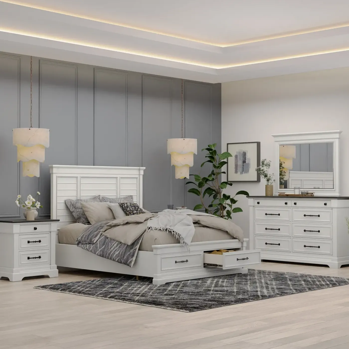 Sheridan California King Storage Bed, Dresser, Mirror, Nightstand Bedroom Sets